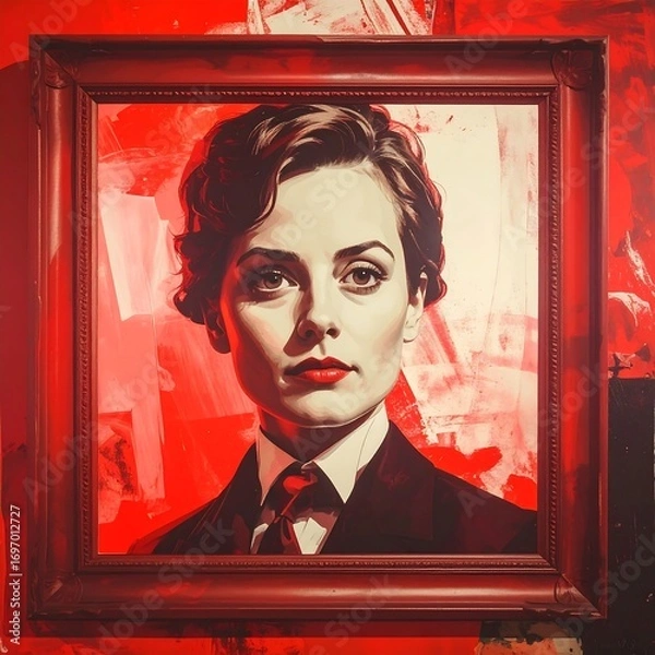 Fototapeta Portrait of a woman in a suit, bold red background