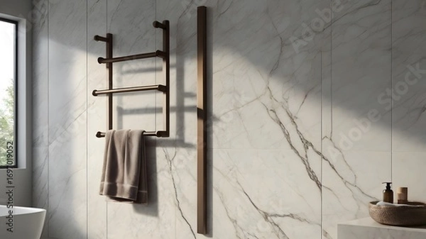 Fototapeta Minimalist Bathroom Towel Scene – A single hanging towel on a modern rack against a marble wall, storytelling of elegance and simplicity 3