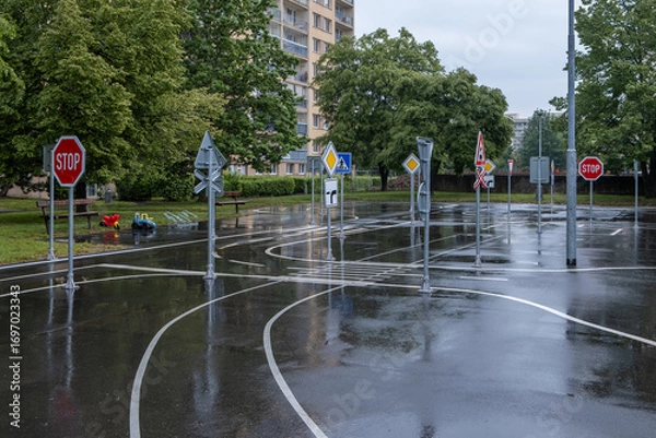 Fototapeta wet playground in Prague. with reflected light, is lined with road signs and buildings.