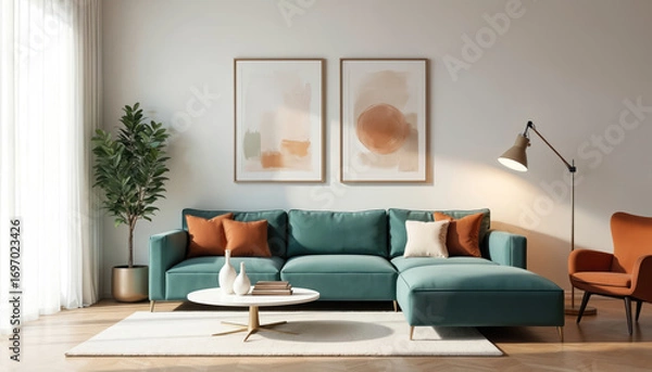 Obraz Modern living room interior features teal sectional sofa, accent chairs, and abstract art. Comfortable home decor with floor lamp, plants, and white rug on parquet floor.