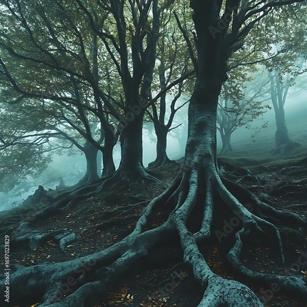 Fototapeta Mystical foggy forest with dramatic tree roots high resolution picture