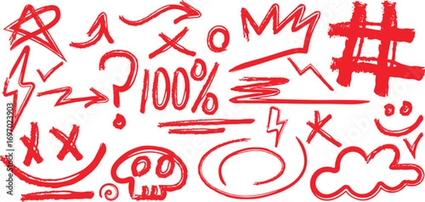Fototapeta Hand-drawn Vector Icons Set of Doodle Symbols and Marks. Red Scribbles, Arrows, and Emoticons.