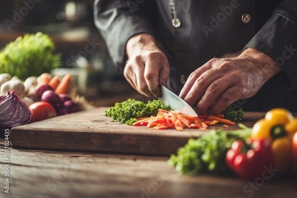 Obraz Chef prepares fresh vegetables on cutting board in restaurant kitchen during busy lunch hour with colorful ingredients surrounding