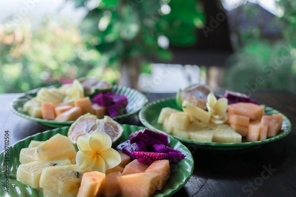 Fototapeta exotic breakfast in the forest on the island of bali