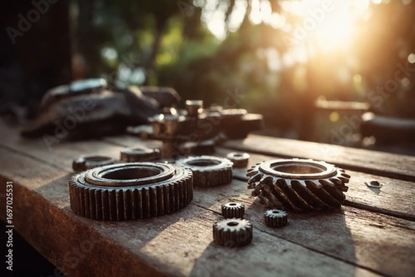 Fototapeta Metal gears and machine parts on rustic wooden table in warm light