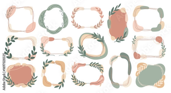 Fototapeta Collection of fifteen decorative frames with leaves and abstract shapes