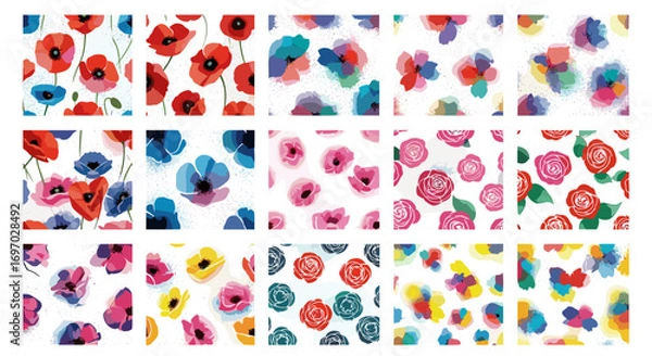 Fototapeta Assorted floral patterns with watercolor style in various color schemes