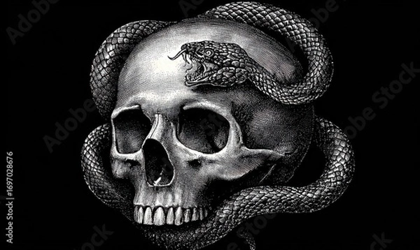 Fototapeta A detailed grayscale skull with a coiled snake
