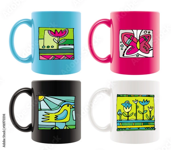 Obraz Six colored mugs with abstract summer drawings
