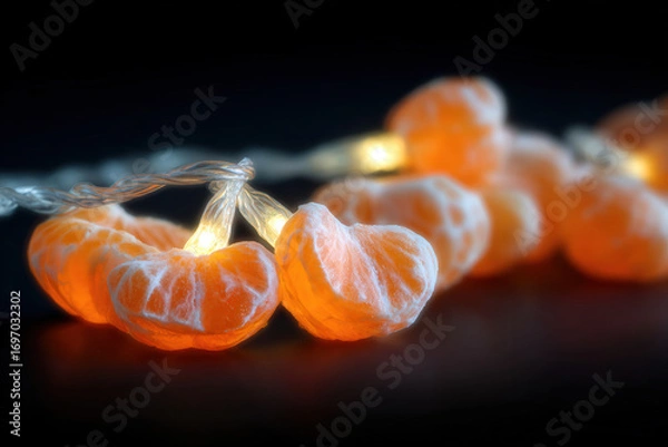 Fototapeta mesmerizing display of mandarin orange segments illuminated by ultrabright ar light creating enchanting nighttime