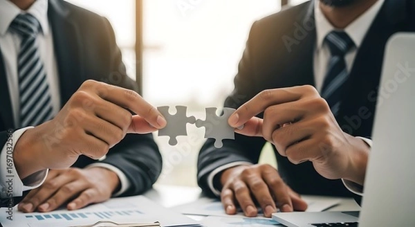 Fototapeta Businessmen collaborating on a complex problem solving puzzle