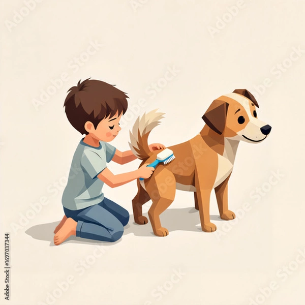 Fototapeta Child grooming dog: joyful interaction, soft lighting