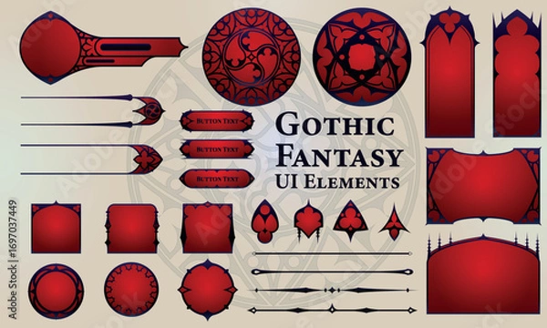 Fototapeta Set of Red Gothic Fantasy Elements for user interface, poster, video. Fantasy magic HUD. Template for rpg game interface. Vector Illustration EPS10