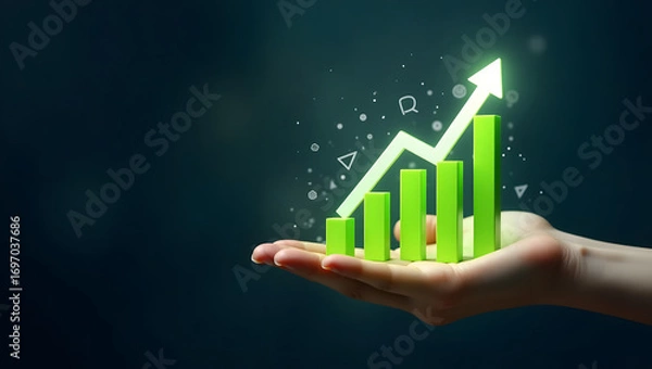 Fototapeta Hand holding green 3D growth chart with upward arrow, business success concept, financial growth, profit increase, data analytics, investment, economy, sustainable business, progress and strategy.