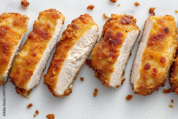 Fototapeta Crispy fried chicken slices with a delicious golden breaded crust for a tasty meal