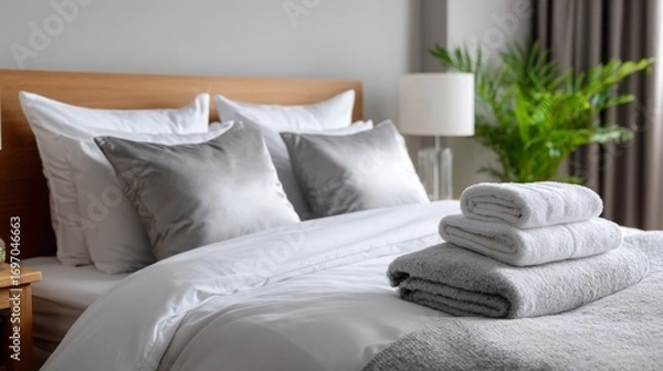 Fototapeta Modern bedroom interior with cozy bedding and neatly folded towels in a serene atmosphere