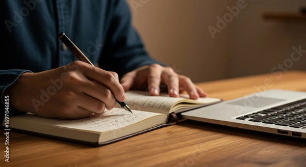 Fototapeta Detail of a person writing in a notebook with a laptop on a wooden table. Generative IA