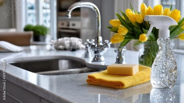 Fototapeta Bright kitchen countertop with yellow tulips, cleaning supplies, and a soap bar creating a fresh ambiance in a modern home