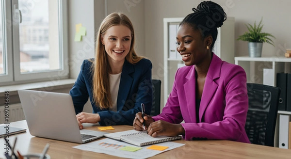 Fototapeta Two smiling businesswomen with a laptop and a notebook in an office setting. One Caucasian, the other Black. Generative IA