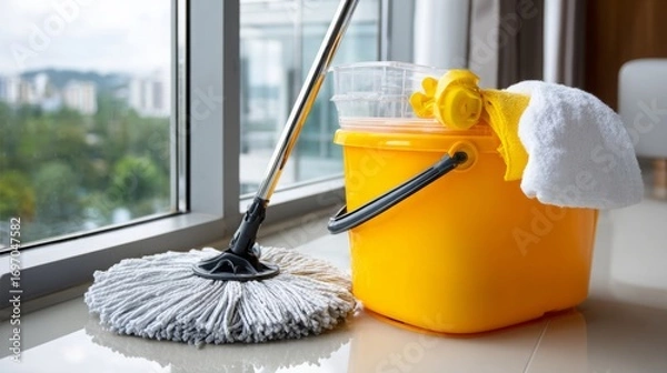 Fototapeta Cleaning supplies arranged near a window showcasing a bright, sunny day outside with a city view in the background