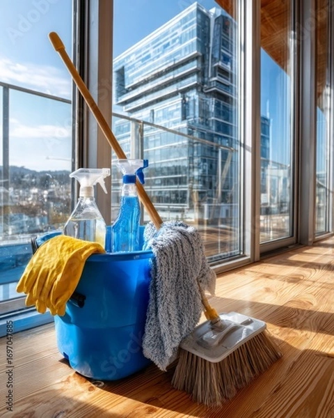 Fototapeta Cleaning supplies and tools positioned in a bright, modern interior with a view of a city skyline during daylight