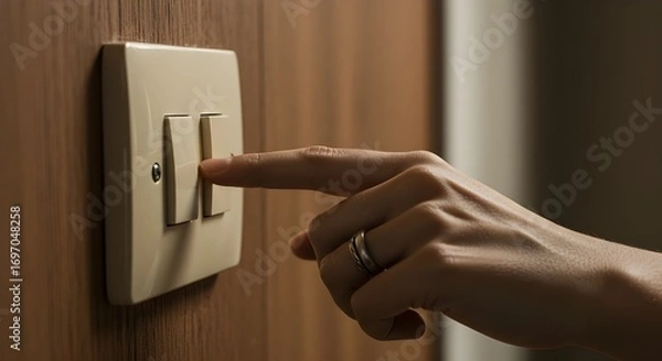 Fototapeta Hand turning on light switch, close-up, everyday action and home interior detail clearly shown.