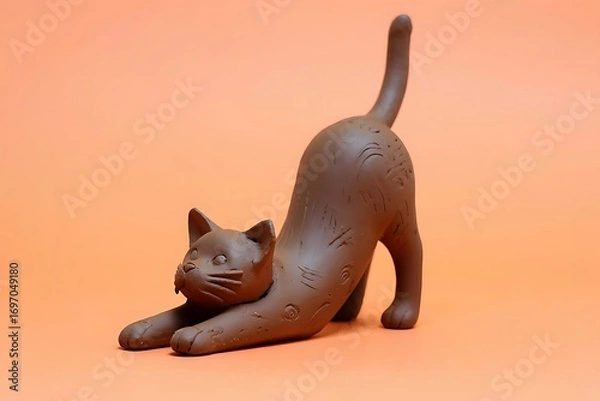Obraz Brown Cat Statue Stretching on an Orange Background in a Studio Setting