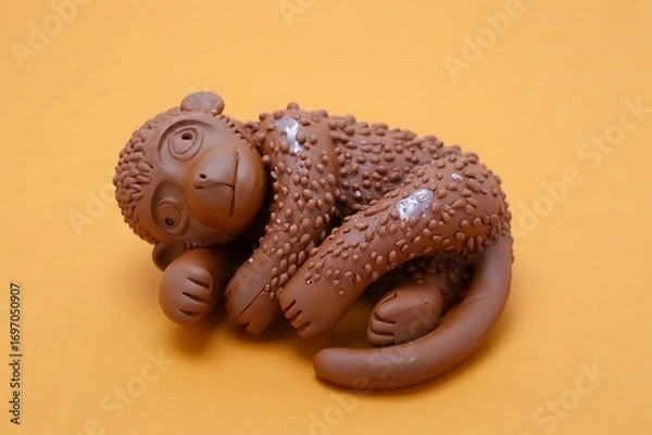 Obraz Brown Monkey Toy with Textured Body on a Yellow Background