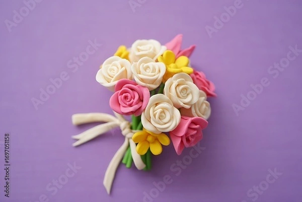 Obraz Delicate Clay Flower Bouquet with Roses and Yellow Blooms on Purple Background