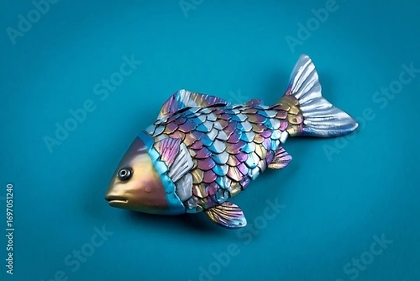 Obraz Iridescent Fish Sculpture on Teal Background Colorful Artistic and Decorative