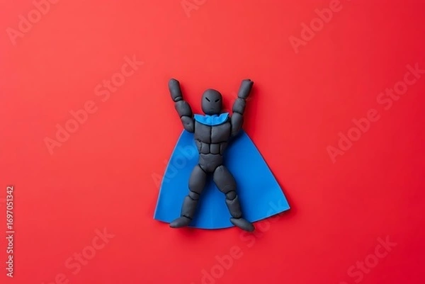 Obraz Clay Superhero Figure with Blue Cape on a Red Background