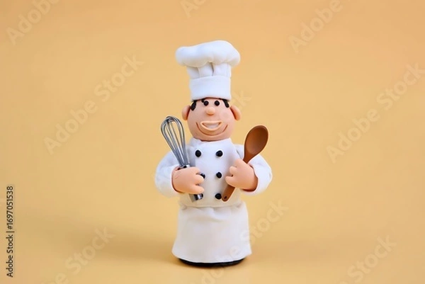 Obraz Smiling Chef Figurine Holding Whisk and Spoon on a Yellow Background