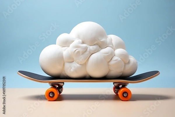 Obraz Dreamy Ride A Fluffy White Cloud on a Skateboard Against a Blue Sky