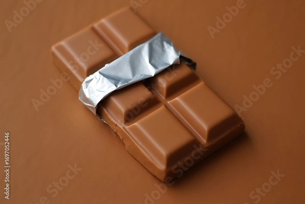 Obraz Delicious Milk Chocolate Bar with Foil Wrapper on a Brown Background