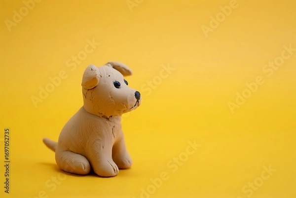 Obraz Handmade Clay Puppy Sculpture on a Bright Yellow Background with Copy Space