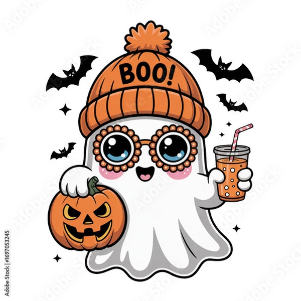 Fototapeta Cute Halloween Ghost with Pumpkin and Boba Tea Wearing Boo Beanie and Round Glasses for Fun Spooky Autumn Season Design on Transparent Background