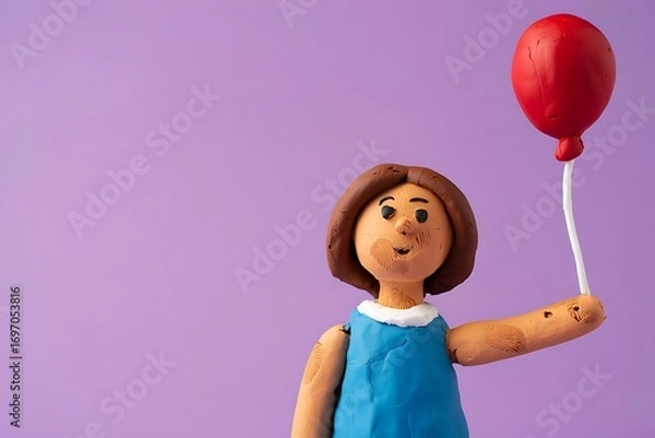 Obraz Claymation Girl with Red Balloon on a Purple Background whimsical and handmade
