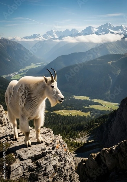 Obraz Majestic Mountain Goat Perched on a Rocky Cliffside with Breathtaking Valley Views