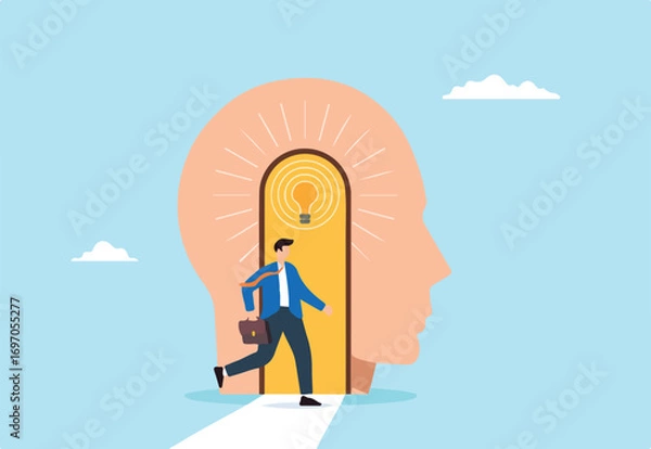 Fototapeta Flat illustration of businessman stepping through open head door with glowing lightbulb representing unlocking new mindset and ideas