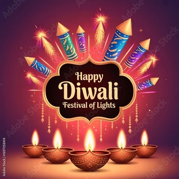 Obraz Happy Diwali greeting with decorative fireworks, colorful rockets, and glowing oil lamps on vibrant dark background – AI-Generated