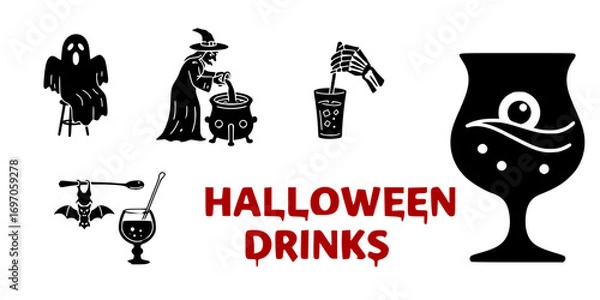Fototapeta Halloween drinks with ghost, witch, and spooky elements in black and red - vector set