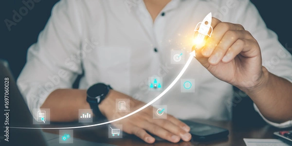 Fototapeta A businessman in white shirt interacts with futuristic digital icons showing analytics, communication, and rising financial performance graph.