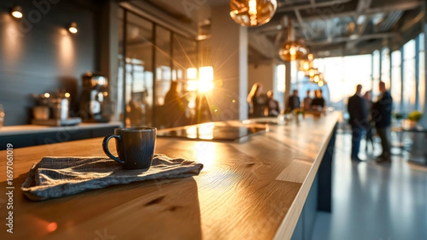 Fototapeta Warm beverage at modern social gathering, sunlit atmosphere, coffee on a napkin in an office setting with people in background.