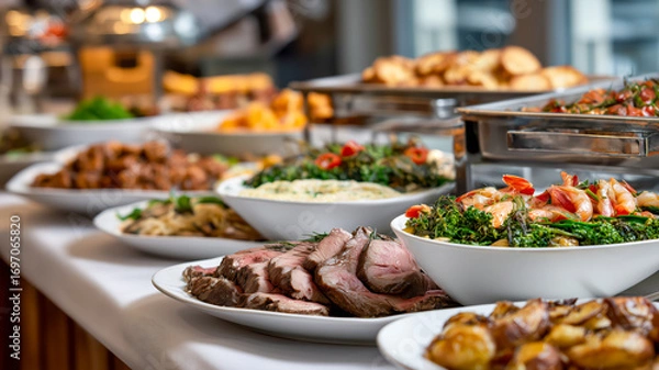 Fototapeta Lavish buffet spread with gourmet dishes, highlighting sliced roast beef and shrimp with vegetables. Catering for a special event.