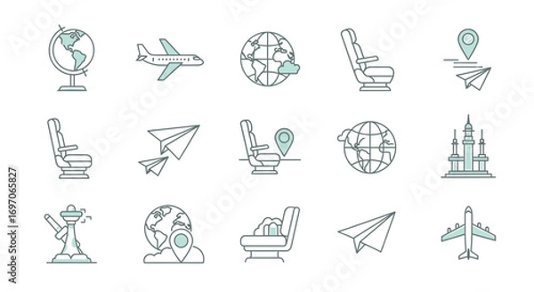 Fototapeta Vector Icons Set of Set of Travel and Aviation Line Art Icons for Design. EPS Editable