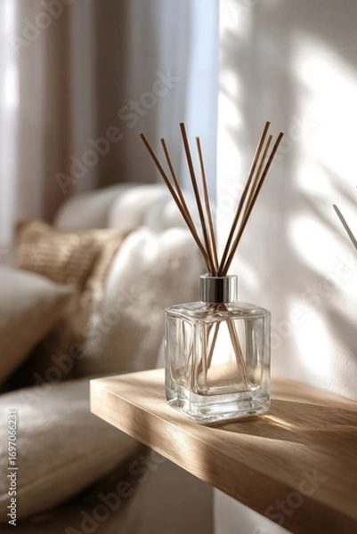Fototapeta Sleek reed diffuser bottle with natural light in bright and cozy interior setting featuring soft textures and warm tones