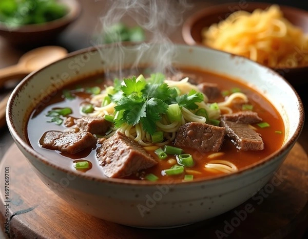 Fototapeta Steaming bowl of beef noodle soup, rich broth, tender meat chunks, thin noodles, fresh green onions, and cilantro garnish. A hearty, delicious meal perfect for lunch or dinner.