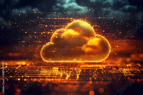 Fototapeta Holographic digital cloud with electronic nodes, representing data storage, cloud computing, network connectivity, futuristic technology, and digital information exchange