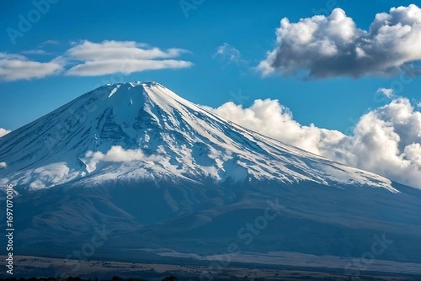 Fototapeta Majestic mount fuji peak under a blue sky with fluffy clouds