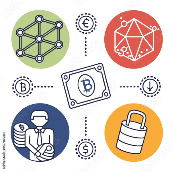 Fototapeta Flat design icons related to cryptocurrency and digital finance
